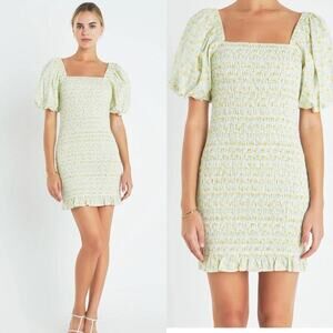 English Factory Yellow Microfloral Puff Sleeve Smocked Mini Dress Small